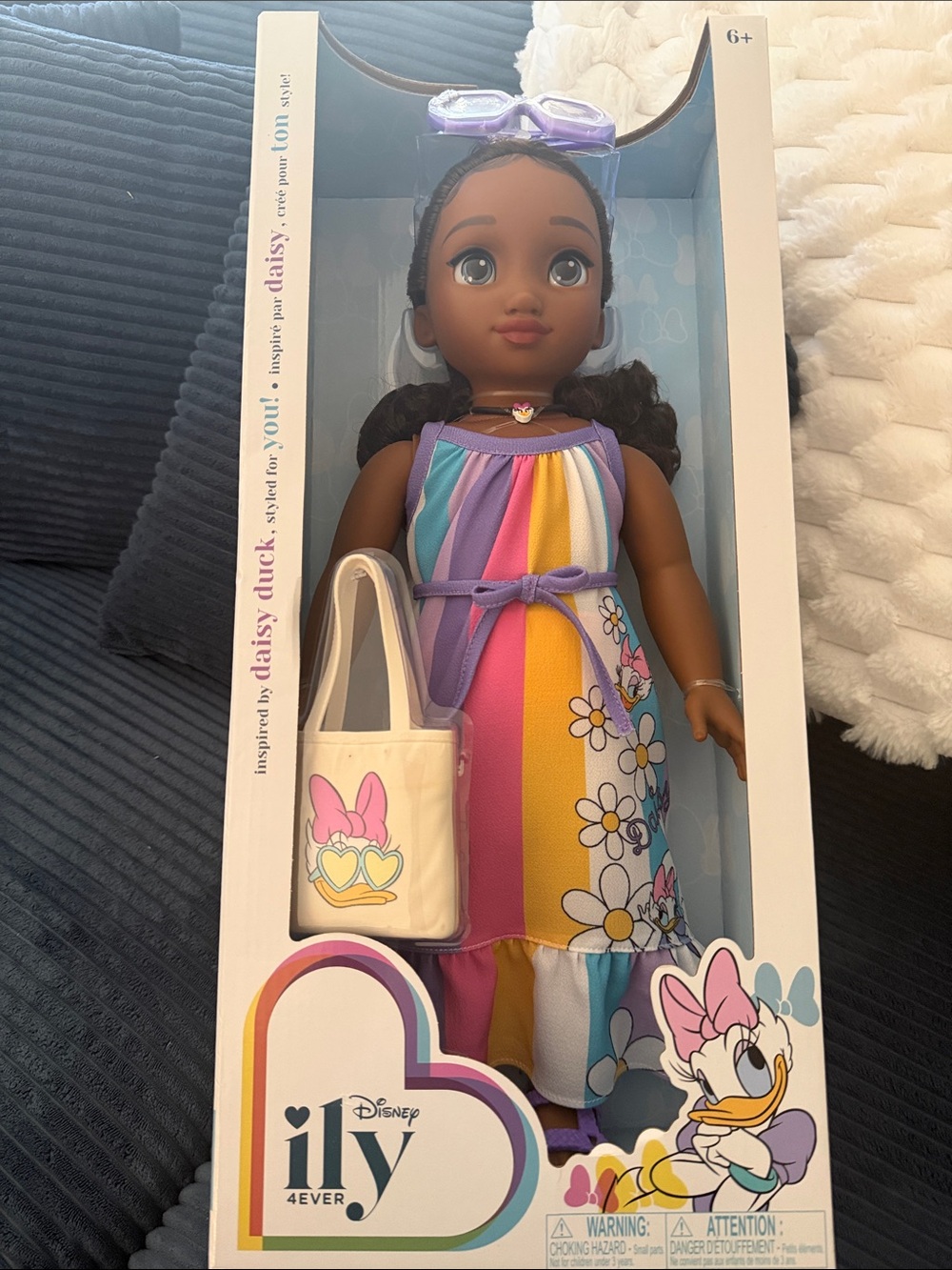 Disney Daisy Duck Inspired Rainbow Floral Dress Doll with Cream Tote